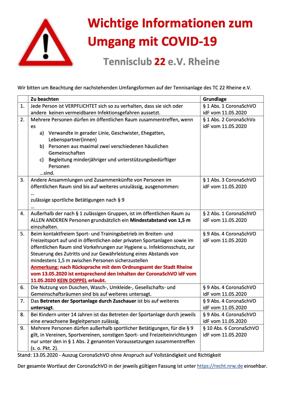 Wichtige Informationen zum Verhalten auf der Tennisanlage 13.05.2020